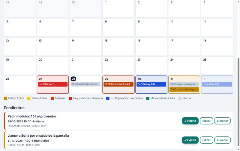 Calendario del mes con recordatorios de colores, reparaciones prometidas y la lista de pendientes