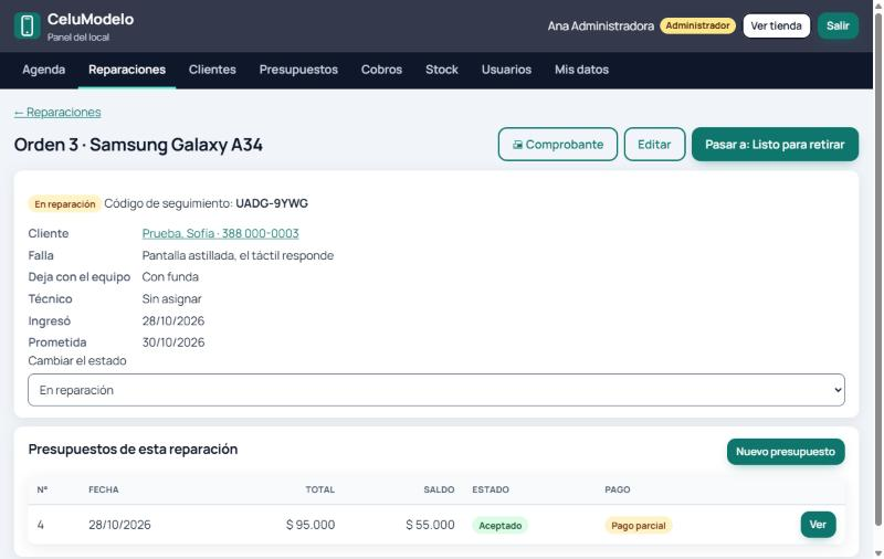 Ficha de la orden 3 en reparación, con el código de seguimiento, los datos y su presupuesto