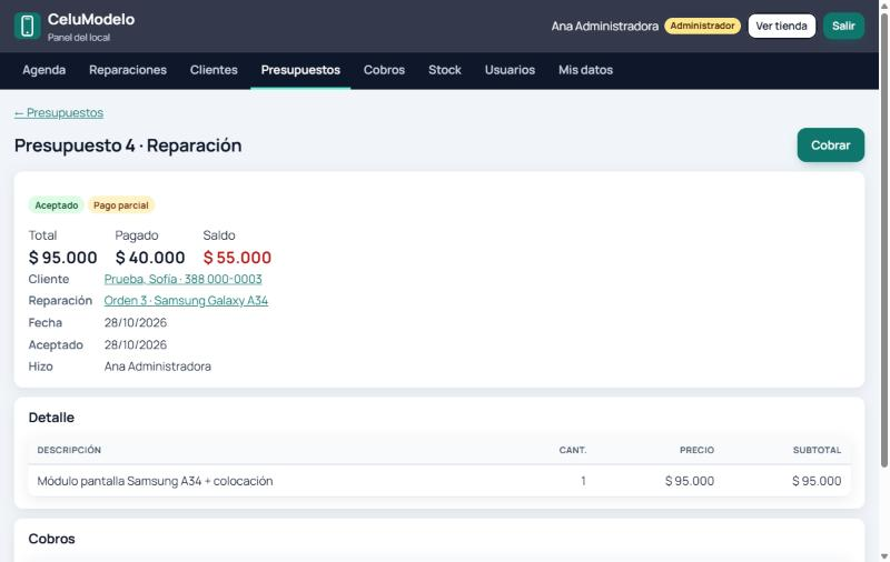 Presupuesto 4 aceptado con pago parcial: total 95.000, pagado 40.000 y saldo 55.000