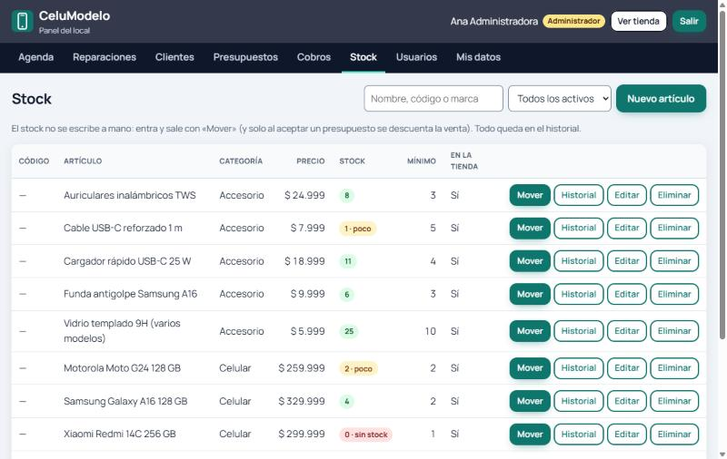 Lista de stock con precio, cantidad, aviso de poco stock o sin stock, y los botones Mover e Historial