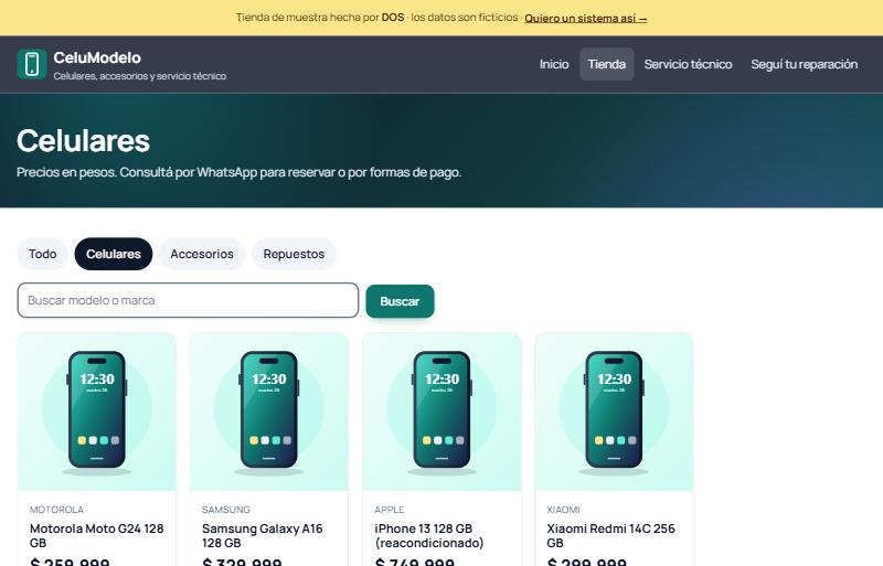 Tienda pública: categoría Celulares con buscador y tarjetas de producto con precio