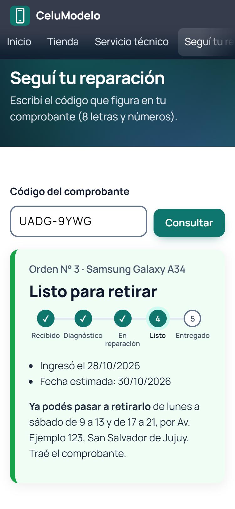 Seguimiento en el celular: orden 3 lista para retirar, con la línea de avance y el horario para retirarla